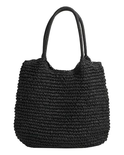 Micmores Strandtasche Strohtasche Damen – Elegante Handtasche Damen Boho Umhängetasche Tote Bag groß Shopper Tasche Geflochtene Taschen Korbtasche für Urlaub Reisen Strand Sommer (Schwarz) von Micmores