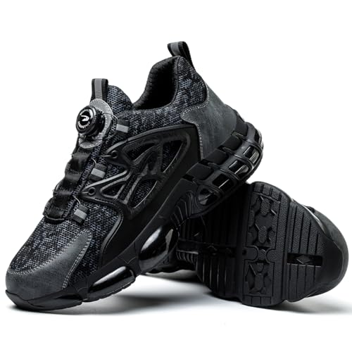 Micoklinlin Arbeitsschuhe Herren Sicherheitsschuhe Damen Leicht Mode Knopf Stahlkappenschuhe Schwarz Luftkissen Turnschuhe Atmungsaktiv Safety Shoes for Men von Micoklinlin