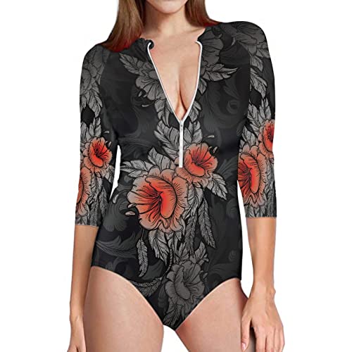 Micoklinlin Einteiliger Badeanzug Damen Sexy Reißverschluss Hochgeschnittener Bikini Mädchen Badeanzug Sport Halbe Ärmel Surfen Monokini Bademode von Micoklinlin