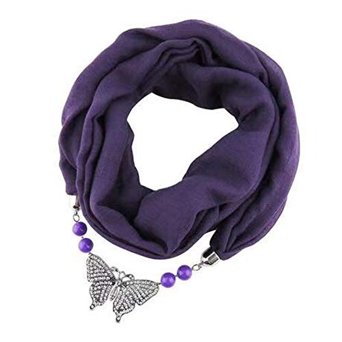 Micoop Damen Schals Mehrzweck Einzigartiger Anhänger Schal Halskette Stylish Infinity Schal mit Schmuck Accessoire, Violetter Schal mit Schmetterling, One size von Micoop