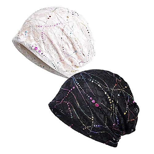 Micoop Damen Spitze Beanie Mütze Stretch Slouchy Turban Kopfbedeckung Chemo Cap Infinity Schal (2 Pack) Gr. One size, Epoxidharz in Schwarz und Weiß von Micoop