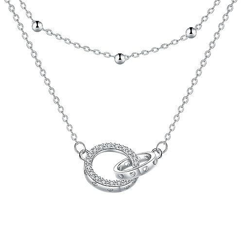 Micory Damen Doppelring Halskette 925 Silber - Kreiser Anhänger,als Schmuck Geschenk für Mutter, Tochter, Frau oder Freundin zum Geburtstag, Muttertag von Micory