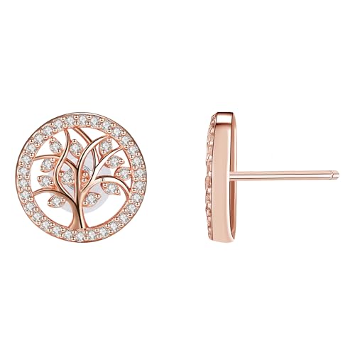 Micory Damen Lebensbaum Ohrringe Rosegold Ohrstecker 925 Sterling Silber mit Geschenkbox,Durchmesser 11mm von Micory