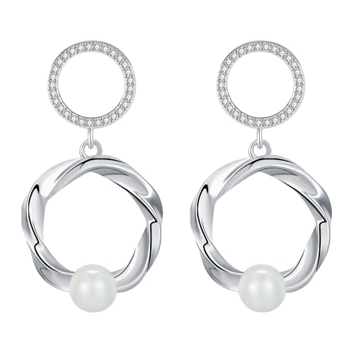 Micory Perle Ohrringe Silber 925 Hängend, Doppelte Runde Ohrringe Hängend Silber 925 Ohrhänger Lange mit Perlen für Damen Frauen von Micory