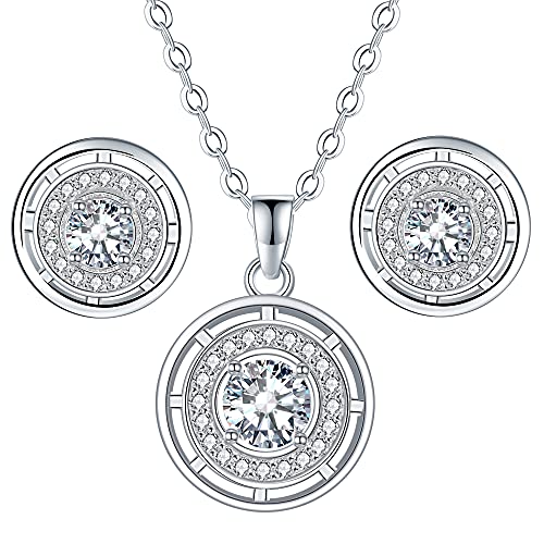 Micory Schmuckset 925 Sterling Silber Damen Runde Ohrringe Halsketten Set mit Zirkonia mit Geschenkbox, Verstellbar Kette 40+5cm von Micory