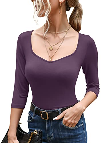 Micoson Damen Basic 3/4 Ärmel Shirts Slim Fit Sexy Sweetheart-Ausschnitt Top Stretch Eng Einfarbig T-Shirts, Grau / Violett, Klein von Micoson