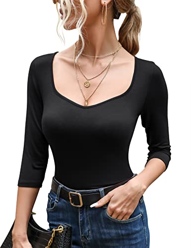 Micoson Damen Basic 3/4 Ärmel Shirts Slim Fit Sexy Sweetheart-Ausschnitt Top Stretch Eng Einfarbig T-Shirts, Schwarz, Groß von Micoson