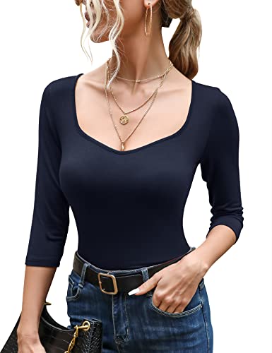 Micoson Damen Basic 3/4-Ärmel Shirts Slim Fit Sexy Sweetheart-Ausschnitt Tops Stretch Enge Einfarbig T-Shirts, Marineblau, Mittel von Micoson