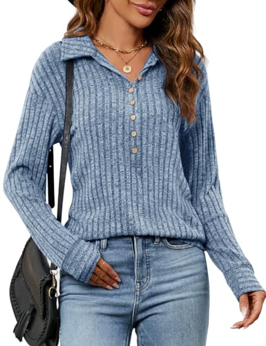 Micoson Damen Herbst Casual Langarm Knopf Blusen Rippstrick Mode Kragen Oversized Loose Fit Tunika Tops, Blau, Mittel von Micoson