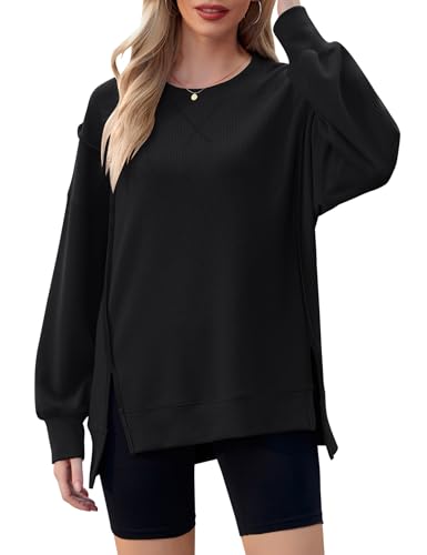 Micoson Damen Langarm-Shirts mit Rundhalsausschnitt, seitlicher Schlitz, hoher niedriger Saum, Tunika, Tops, lose gerippte Strickblusen, Schwarz, Klein von Micoson