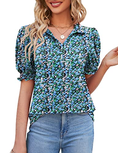 Micoson Damen-Polo-T-Shirt, kurzärmelig, V-Ausschnitt, lässiger Kragen, Puffärmel, Arbeit, Tunika, Blusen, Blau floral, X-Groß von Micoson