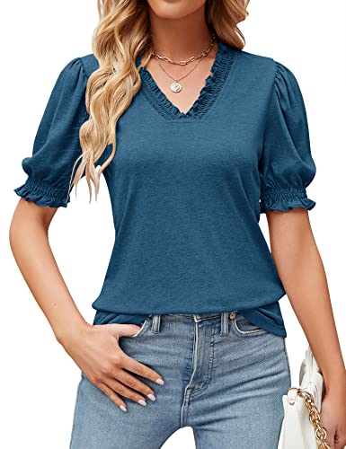 Micoson Damen Puffärmel-Oberteil Sommer Kurzarm Casual T-Shirt Rüschen V Ausschnitt Shirts mit gesmokten Bündchen Tunika Bluse, Blau, Mittel von Micoson