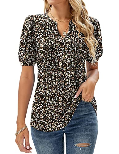Micoson Damen-T-Shirt, V-Ausschnitt, kurze Ärmel, plissiert, modisches Sommer-Top, lässige Tunika-Bluse, Floral Black, Klein von Micoson