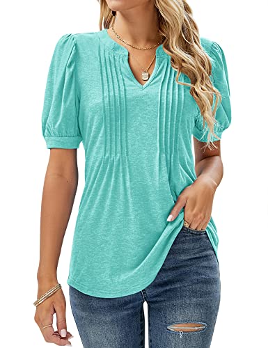 Micoson Damen-T-Shirt, V-Ausschnitt, kurze Ärmel, plissiert, modisches Sommer-Top, lässige Tunika-Bluse, Aqua, Groß von Micoson