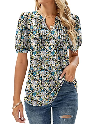 Micoson Damen-T-Shirt, V-Ausschnitt, kurze Ärmel, plissiert, modisches Sommer-Top, lässige Tunika-Bluse, Blumenmuster, Schwarz / Blau, Medium von Micoson