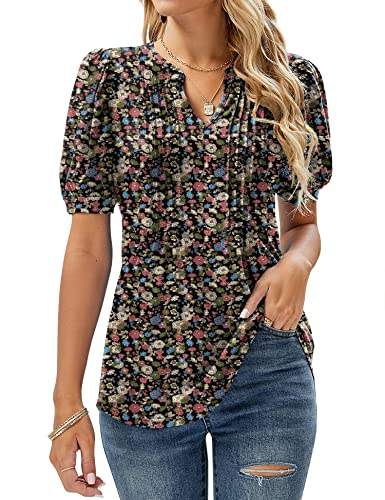 Micoson Damen-T-Shirt, V-Ausschnitt, kurze Ärmel, plissiert, modisches Sommer-Top, lässige Tunika-Bluse, Floral Army Green, Mittel von Micoson