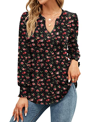 Micoson Damen-T-Shirt, V-Ausschnitt, kurze Ärmel, plissiert, modisches Sommer-Top, lässige Tunika-Bluse, Langärmelig - Blumenmuster, XX-Large von Micoson