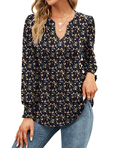 Micoson Damen-T-Shirt, V-Ausschnitt, kurze Ärmel, plissiert, modisches Sommer-Top, lässige Tunika-Bluse, Langärmelig - Blumenmuster Marineblau Gelb, Klein von Micoson