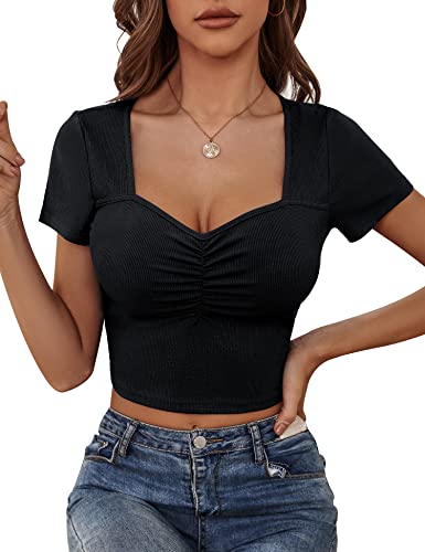 Micoson Damen-T-Shirt mit Sweetheart-Ausschnitt, kurze Ärmel, bauchfreies Top, schmale Passform, niedrig geschnitten, Dekolleté, sexy gerüscht, gerippt, Schwarz, Klein von Micoson