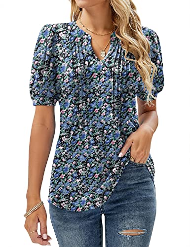 Micoson Damen-T-Shirt, V-Ausschnitt, kurze Ärmel, plissiert, modisches Sommer-Top, lässige Tunika-Bluse, Blumenblau, Mittel von Micoson