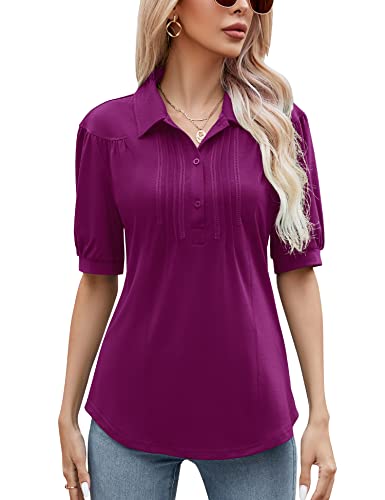 Micoson Damen V-Ausschnitt Poloshirt Kurzarm Button Down Kragen Tops Lose Casual Tunika Bluse, Fuchsia, XX-Large von Micoson