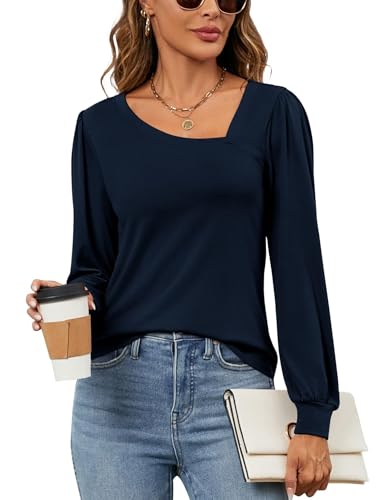 Micoson Frauen Casual Puff Kurzarm Tops Asymmetrischer Hals Shirt Mode Sommer Tunika Blusen S-2XL, A-navy blau, Groß von Micoson