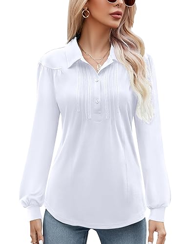 Micoson Poloshirts für Damen, langärmelig, Button-Down-Kragen, lockere lässige Tunika-Blusen, Langarmweiß, XX-Large von Micoson