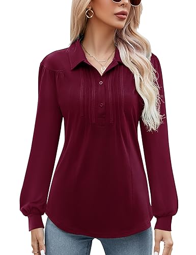 Micoson Poloshirts für Damen, langärmelig, Button-Down-Kragen, lockere lässige Tunika-Blusen, Long Sleeve Weinrot, Mittel von Micoson