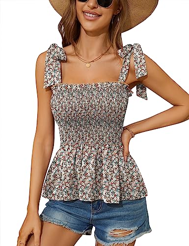 Micoson Rüschen gesmokte Tanktops für Frauen Sommer quadratischer Ausschnitt ärmellose Tops Krawatte Schulter Chiffon Bluse Babydoll Shirts, Blau / Orange mit Blumenmuster, X-Groß von Micoson