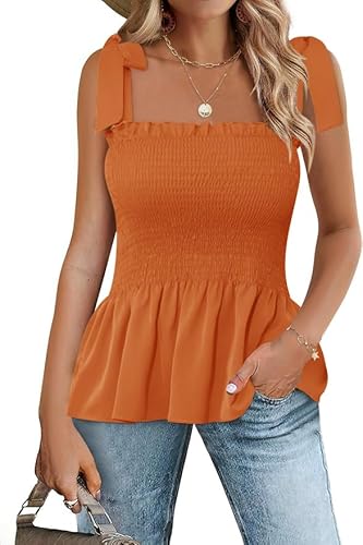 Micoson Rüschen gesmokte Tanktops für Frauen Sommer quadratischer Ausschnitt ärmellose Tops Krawatte Schulter Chiffon Bluse Babydoll Shirts, Orange/Abendrot im Zickzackmuster (Sunset Chevron), X-Groß von Micoson