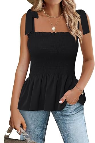 Micoson Rüschen gesmokte Tanktops für Frauen Sommer quadratischer Ausschnitt ärmellose Tops Krawatte Schulter Chiffon Bluse Babydoll Shirts, Schwarz, Mittel von Micoson