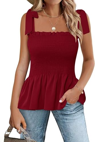 Micoson Rüschen gesmokte Tanktops für Frauen Sommer quadratischer Ausschnitt ärmellose Tops Krawatte Schulter Chiffon Bluse Babydoll Shirts, Weinrot, Groß von Micoson