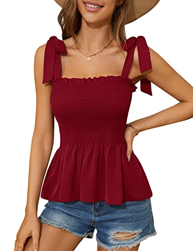 Micoson Rüschen gesmokte Tanktops für Frauen Sommer quadratischer Ausschnitt ärmellose Tops Krawatte Schulter Chiffon Bluse Babydoll Shirts, Weinrot, Mittel von Micoson