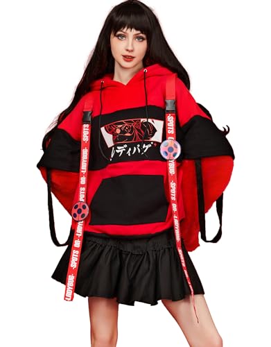 Micotaku Damen Miraculous Ladybug Pullover Hoodie Sweatshirt mit abnehmbaren pelzigen Katzenpfoten-Handschuhen Süße Handtasche, Schwarz und Rot, Large von Micotaku