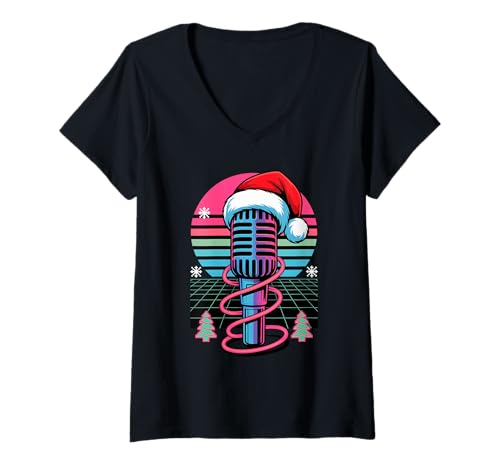 Damen Weihnachten Mikrofon Mic Sänger Podcast Gastgeber Podcaster T-Shirt mit V-Ausschnitt Damen Weihnachten Mikrofon Mic Sänger Podcast Gastgeber Podcaster T-Shirt mit V-Ausschnitt von Microphone Podcast Host Singer Gifts