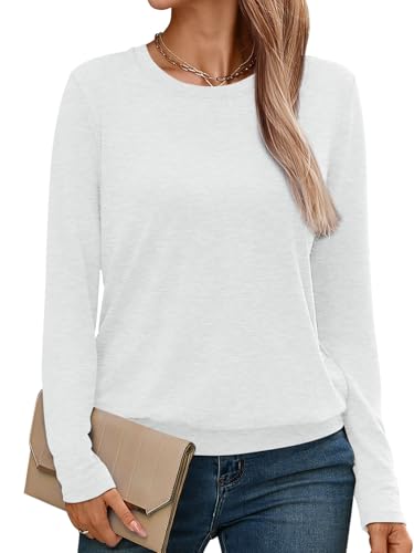 Micticsi Damen-Langarm-Shirt, Rundhalsausschnitt, elegant, lässig, Basic-T-Shirts, Herbst-Winter-Kleidung 2024, Weiss/opulenter Garten, Groß von Micticsi