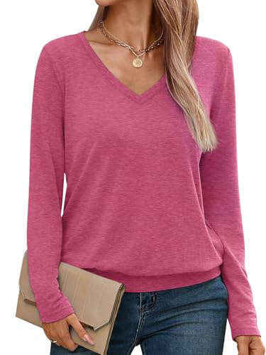 Micticsi Damen-Langarm-Shirt, V-Ausschnitt, leger, gebänderter Saum, Basic-T-Shirts, Frühlings- und Herbstkleidung 2025, Rose, Klein von Micticsi
