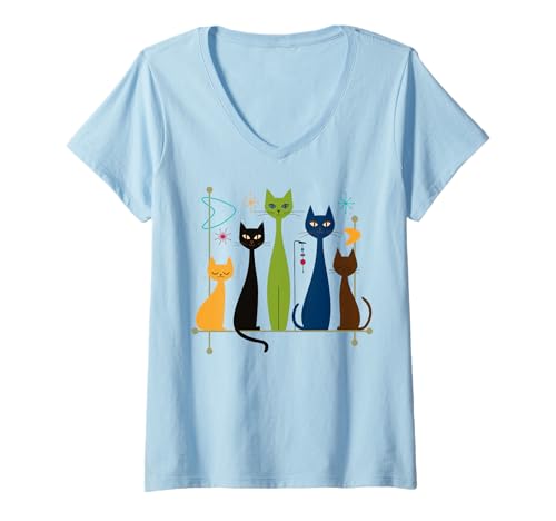 Damen Retro Mid-Century Modern Cats 50er 60s Style T-Shirt mit V-Ausschnitt von Mid Century Modern Cat Art