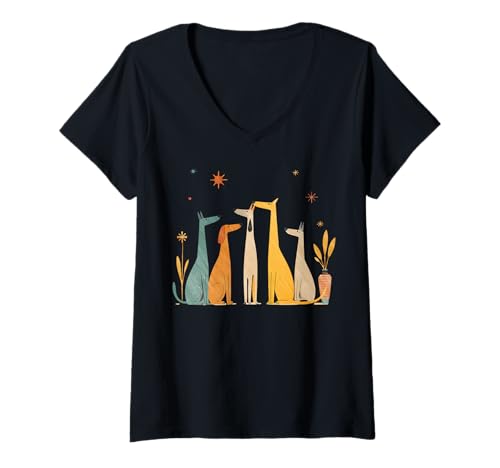 Damen Retro Mid-Century Modern Dogs 50er 60er Jahre Stil T-Shirt mit V-Ausschnitt Damen Retro Mid-Century Modern Dogs 50er 60er Jahre Stil T-Shirt mit V-Ausschnitt von Mid-Century Modern Dogs