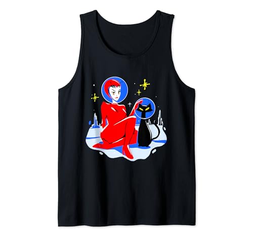 Atom Age Alien Pin Up Girl im Retro-Look „Space Cat“ aus der Mitte des Jahrhunderts Tank Top von Mid Century Space Cat Retro Atomic Age Alien