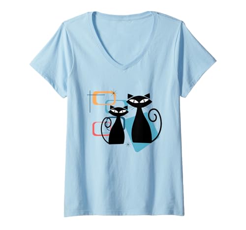 Damen Retro Atomic Age Mid-Century Twin Cat Vintage Modern Design T-Shirt mit V-Ausschnitt Damen Retro Atomic Age Mid-Century Twin Cat Vintage Modern Design T-Shirt mit V-Ausschnitt von Midcentury Modern Cat Designs