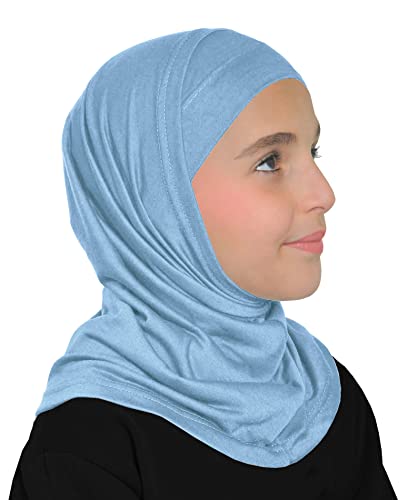 Amira Hijab Mädchen Kopftuch, Baumwolle, 2-teilig, einfach anzuziehen, Kapuze und Schlauchkappe, Größe M, Blau, Medium von Middle Eastern Mall