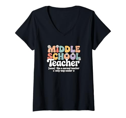 Damen Retro-Groovy-Mittelschullehrerin, zurück ins Klassenzimmer T-Shirt mit V-Ausschnitt Damen Retro-Groovy-Mittelschullehrerin, zurück ins Klassenzimmer T-Shirt mit V-Ausschnitt von Middle School Teacher Apparel for Women & Men