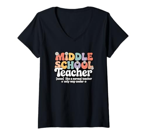 Damen Retro-Groovy-Mittelschullehrerin, zurück ins Klassenzimmer T-Shirt mit V-Ausschnitt Damen Retro-Groovy-Mittelschullehrerin, zurück ins Klassenzimmer T-Shirt mit V-Ausschnitt von Middle School Teacher Apparel for Women & Men