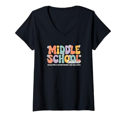 Damen Retro-Groovy-Mittelschullehrerin Willkommen zurück in der Schule T-Shirt mit V-Ausschnitt Damen Retro-Groovy-Mittelschullehrerin Willkommen zurück in der Schule T-Shirt mit V-Ausschnitt von Middle School Teacher Apparel for Women & Men