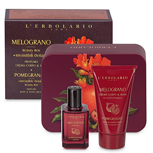 L'Erbolario – Schönheitsbox, unwiderstehliche Details, elegante Geschenkbox aus Blech in limitierter Auflage, enthält 1 Granatapfelduft 30 ml + 1 Granatapfel Körper- und Handcreme 75 ml von MidefA