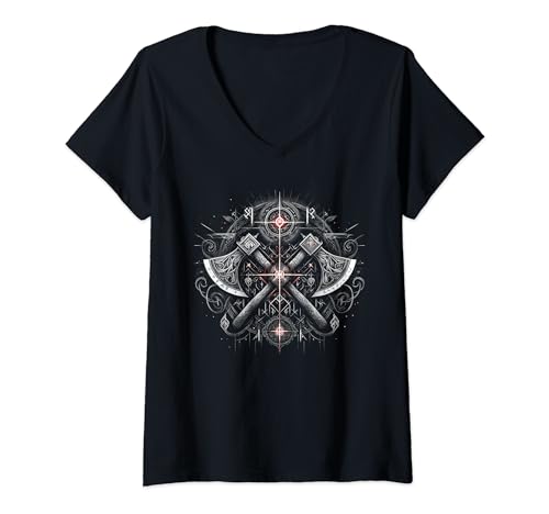 Damen Wikinger Krieger Runen Rüstung Äxte Mythologie Helm T-Shirt mit V-Ausschnitt Damen Wikinger Krieger Runen Rüstung Äxte Mythologie Helm T-Shirt mit V-Ausschnitt von Midgard Merch
