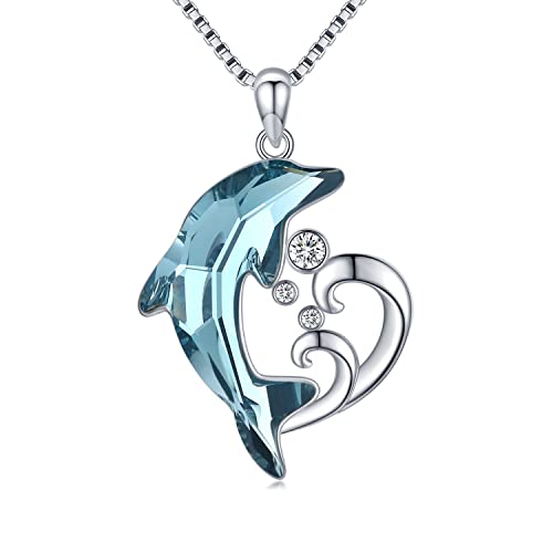 Delfin Kette Damen Frauen Halskette 925 Sterling Silber Delphin Anhänger mit Blauer Delfin Kristall Meereswellen Strandthemen Schmuck Geschenke für Tochter Mädchen von Midir&Etain