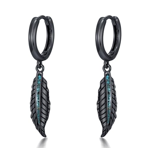 Midir&Etain Feder Hänge Ohrringe für Männer Frauen 925 Sterling Silber Schwarz Punk Ohrring mit Türkis Gothic Schmuck Geburtstags Vatertag Geschenk für Jungen Gattin Mutter von Midir&Etain