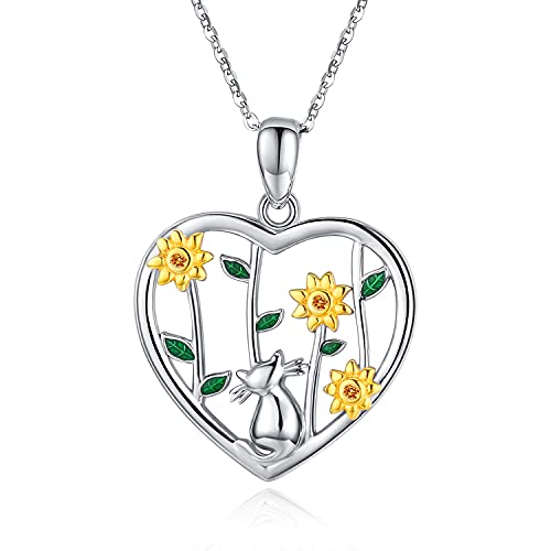 Midir&Etain Katze Kette 925 Sterling Silber Sonnenblume Katzen Anhänger Halskette Tier Schmuck Geschenke für Damen Mädchen Frauen von Midir&Etain